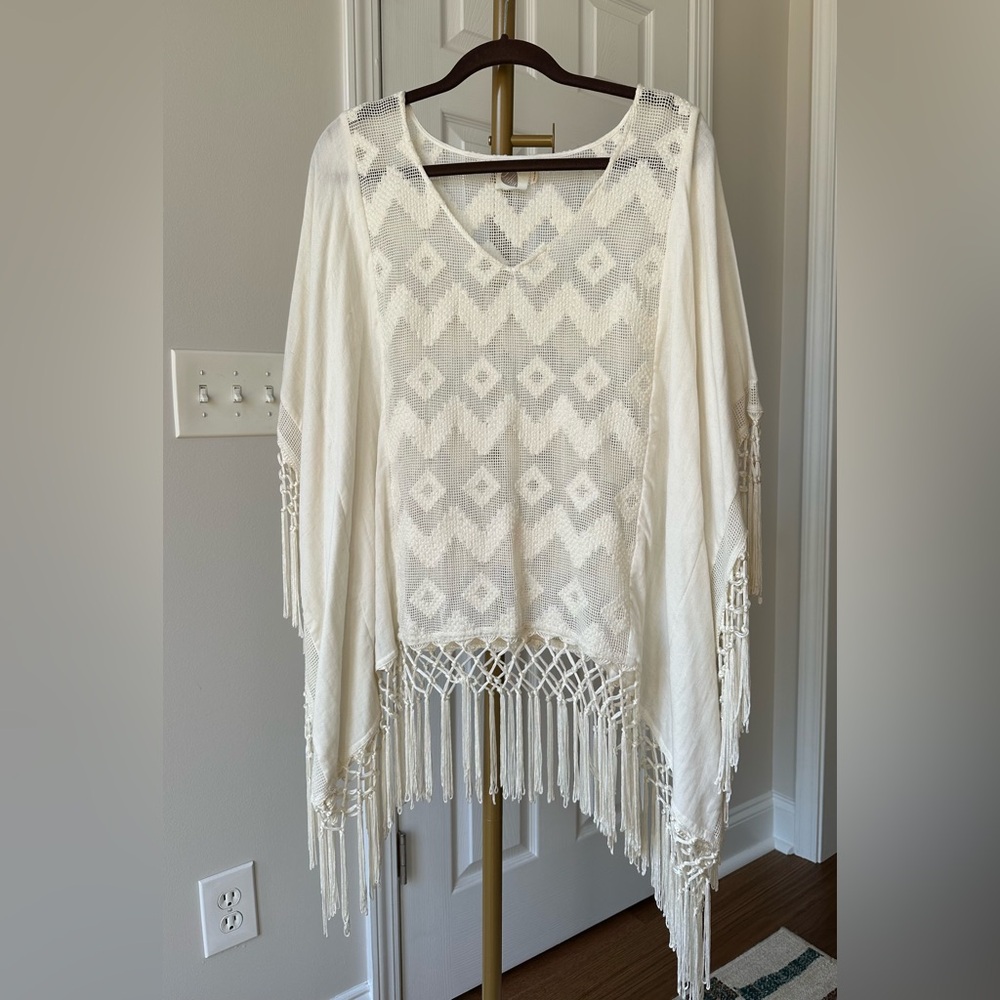 Lilka by Anthropologie Fringe Boho Poncho Top, Ivory